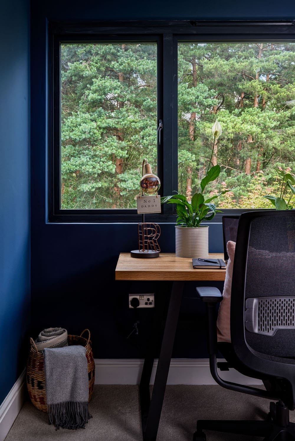 loft home office with oak desk and chair