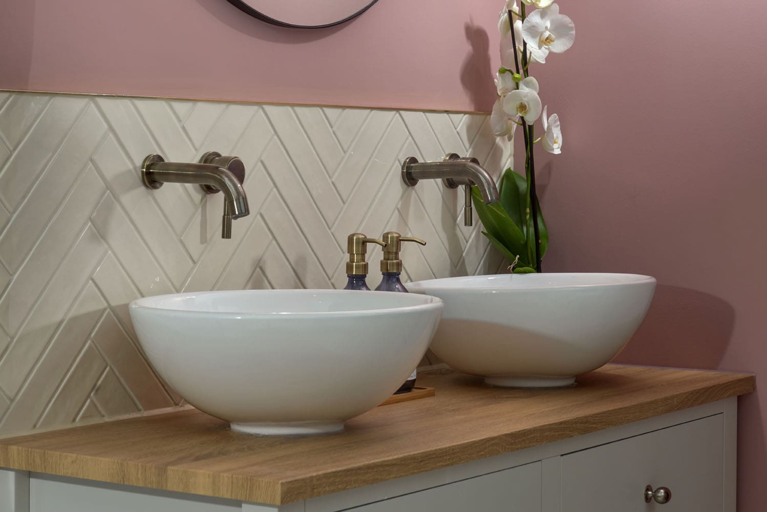 close up of white his and hers sinks in rear dormer in fleet